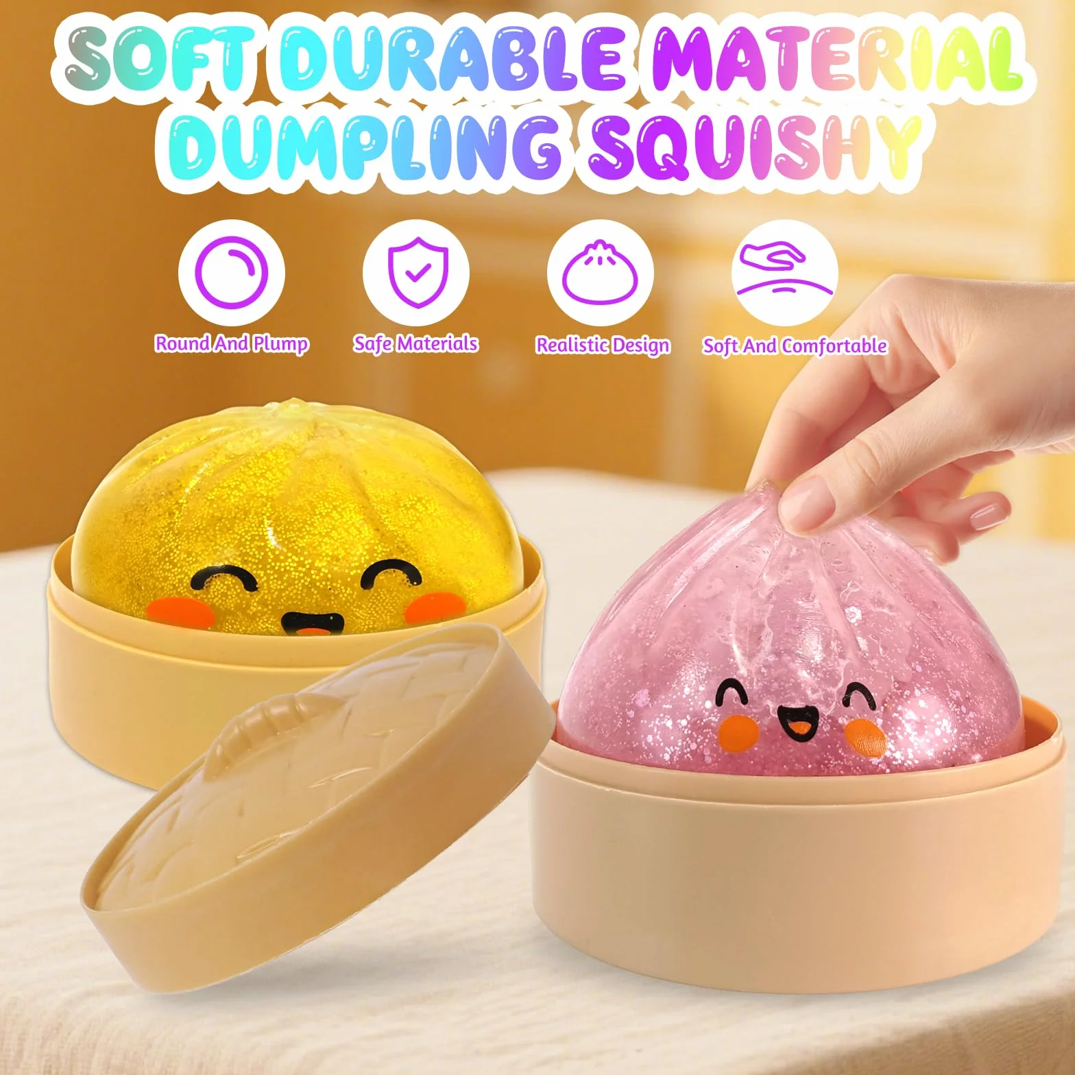 3 Pezzi Glitter Squishy Bao Dumpling + Butter Squishy Set, Giocattolo Sensoriale con Contenitore per Il Vapore, Dumpling Giocattolo Antistress per Alleviare adatto Bambini, Adulti, 25Toys1