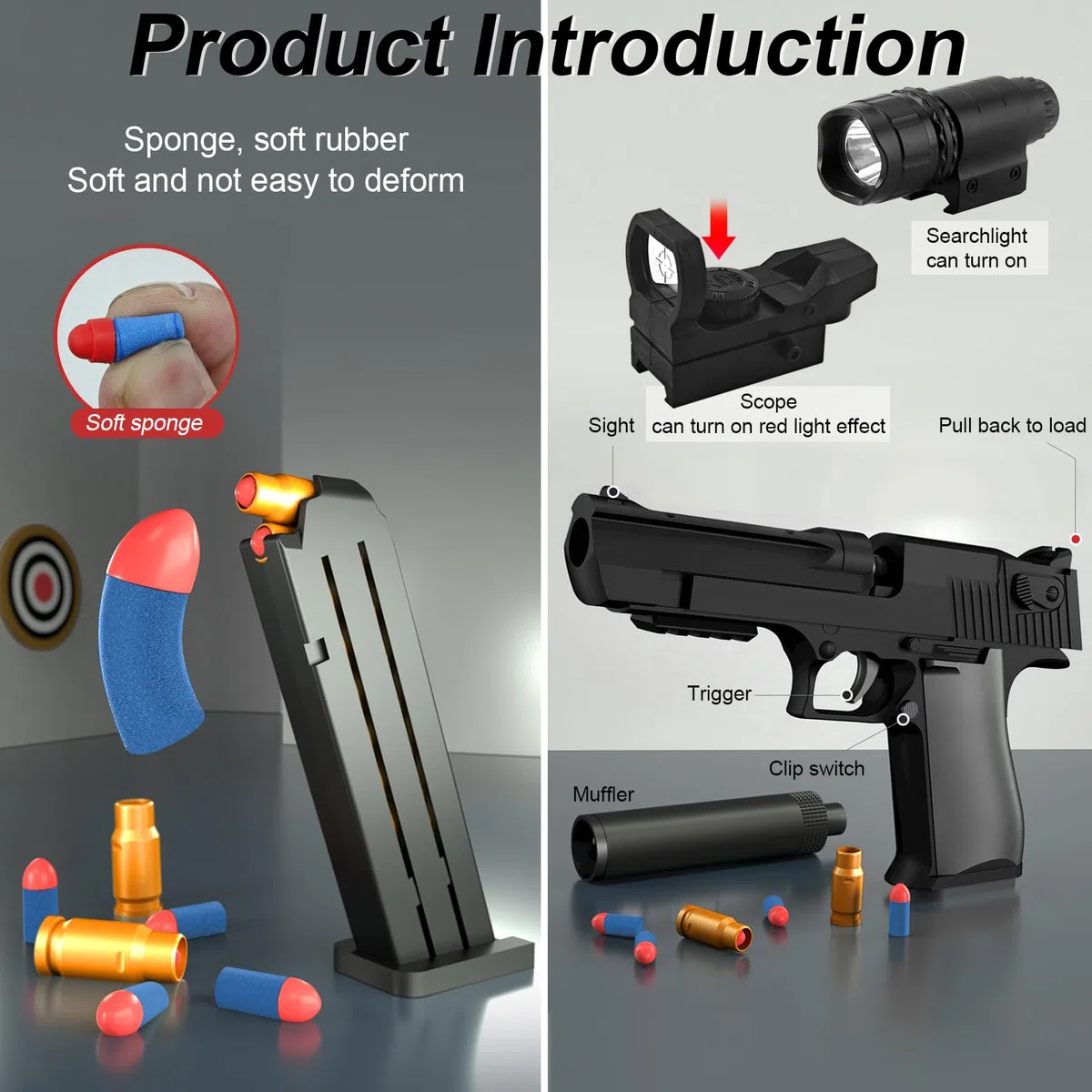 Pistola Giocattolo Realistica, Pistole Giocattolo di Schiuma Blaster a Proiettile Morbido, Soft Bullet Toy Gun Desert Eagle per il Gioco All'interno e All'aperto, Regali di Compleanno per 14+