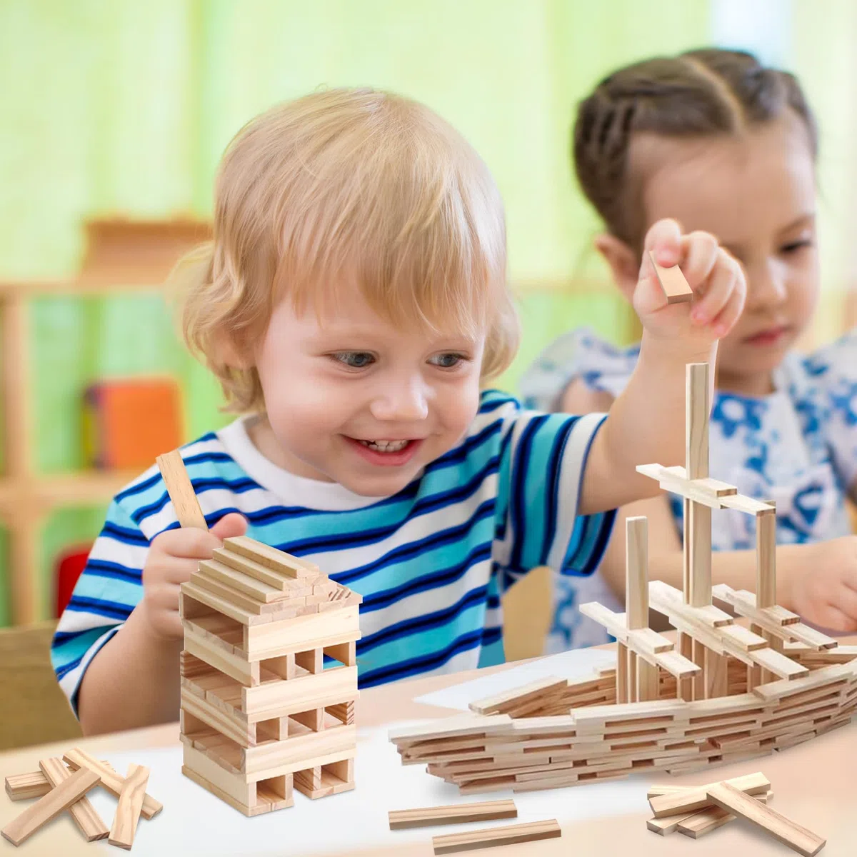 Liangding Blocchi di Costruzione in Legno Naturale – 100 Pezzi Montessori 100x20x7 mm, Gioco Educativo e Creativo per Bambini, Fai-da-te e Attività Manuali