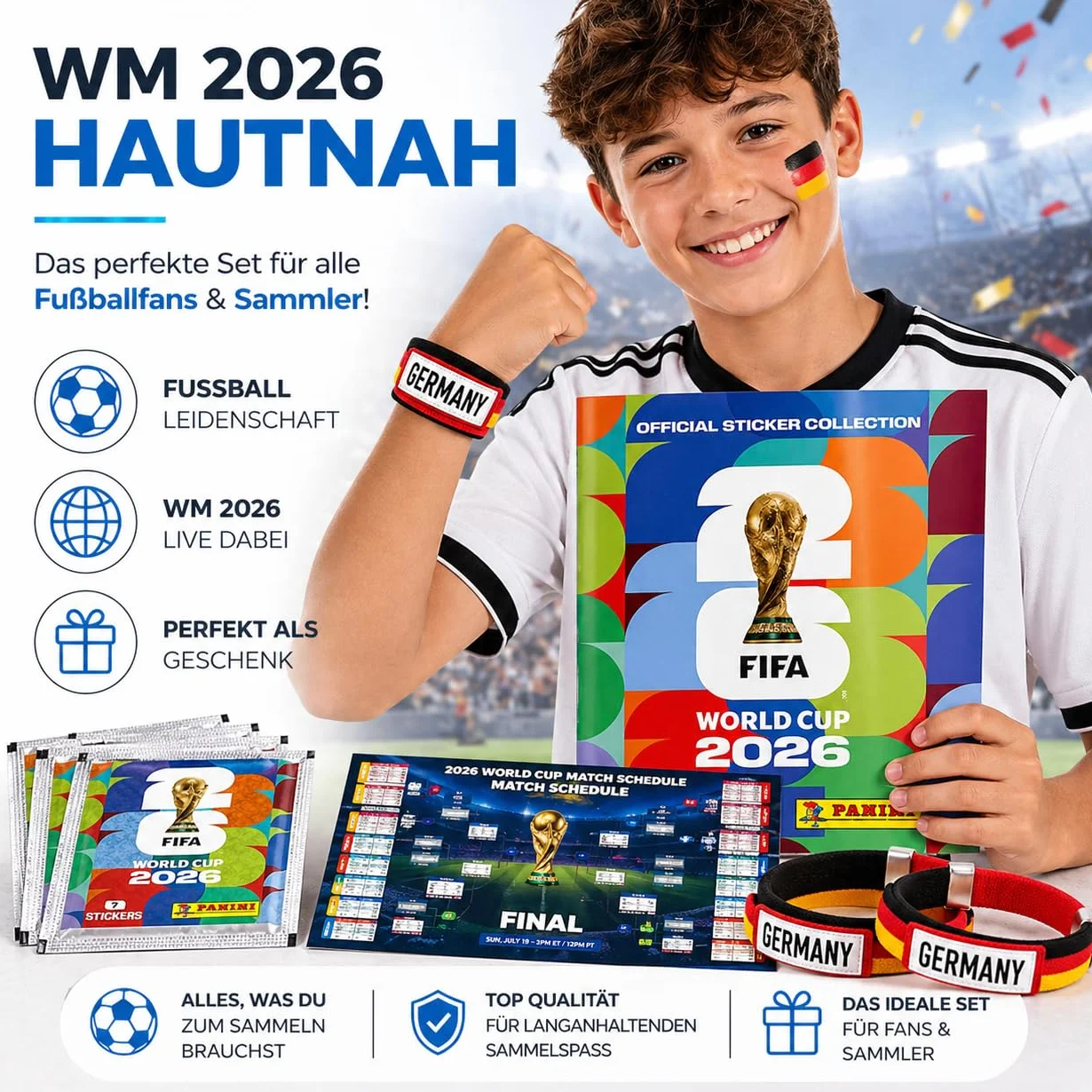 Set Panini Coppa del Mondo 2026 Figurine & Album – Calcio con Collana di Fiori, Album Panini & Calendario Partite (1 Bustina / 13 Figurine)