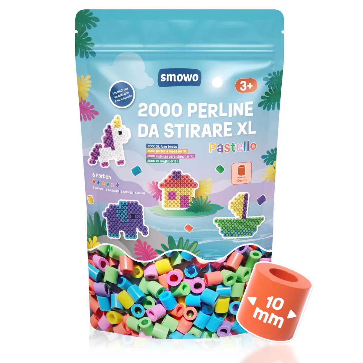 Smowo® Grandi Perline da Stirare XL da 10mm - 2000 Pezzi per Bambini dai 3 Anni in Su - 6 Colori Pastello - Set Creativo da Infilare