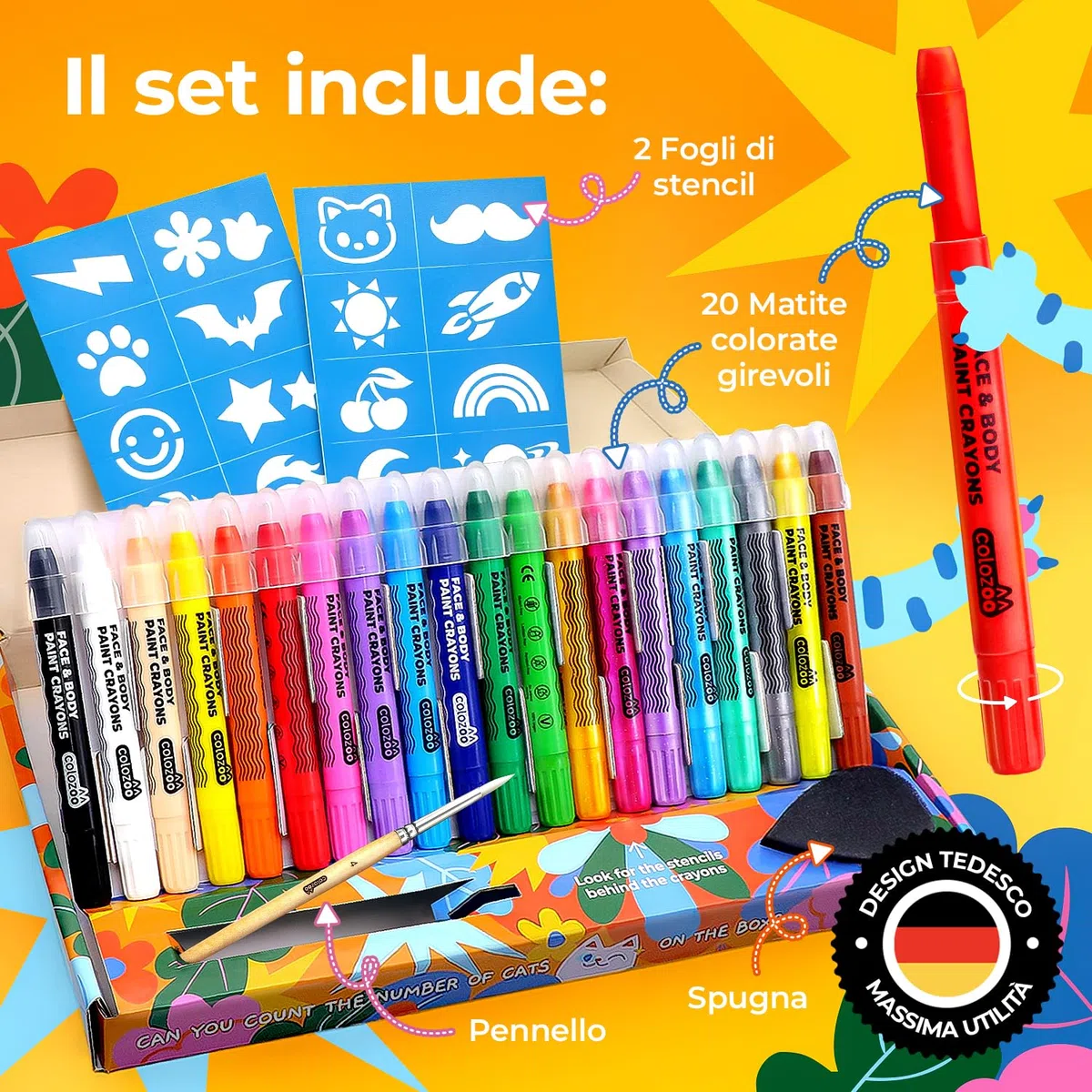 Kit di matite trucco Colozoo 20 colori per bambini | Pittura viso con pennelli e stencil | Trucco bambini, pittura pancione, trucco carnevale, matite trucco viso, make-up bimbi sicuro
