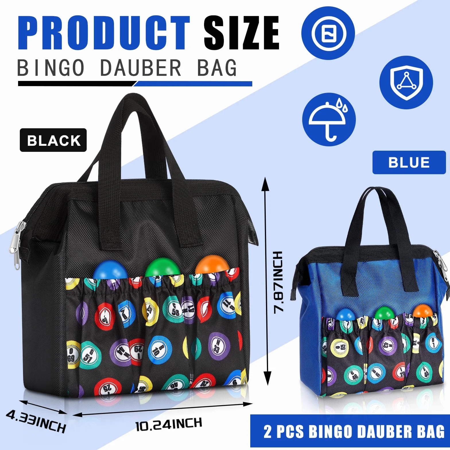 Sweetude Borsa da bingo Dauber con manico e cerniera, con 6 tasche esterne e 3 tasche interne, 2 pezzi, nero, blu., Large, Borsa casual