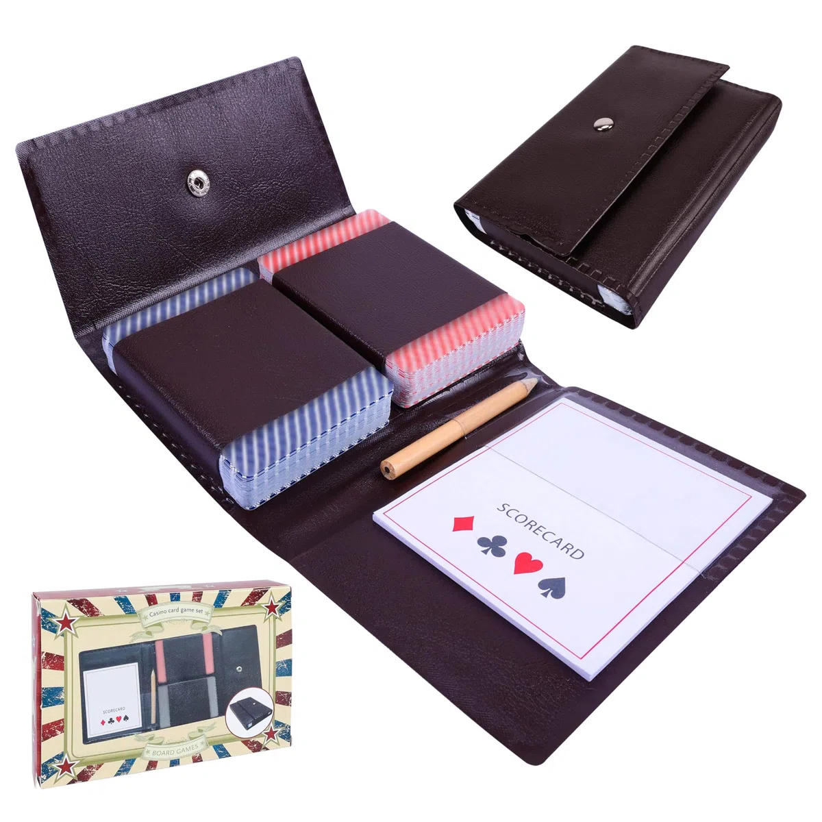 GOTHINK Carte da Gioco con Custodia in Pelle PU - Include 2 Mazzi di Carte Standard, Matita e Blocco per Punteggi, Compatibile con Carte da Poker Talla Bridge per Uso Esterno
