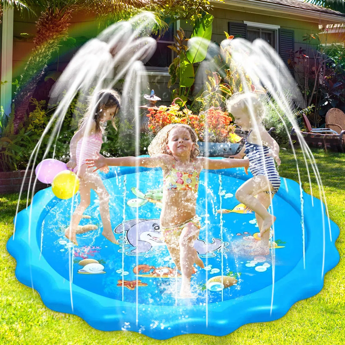 Purpledi Tappetino Gioco d'Acqua per Bambini, 170cm Splash Pad, Giocattoli Splash Play Mat Giochi all'Aperto Estate Giochi Acqua Giardino Piscina Gonfiabile Giocattoli Gonfiabili