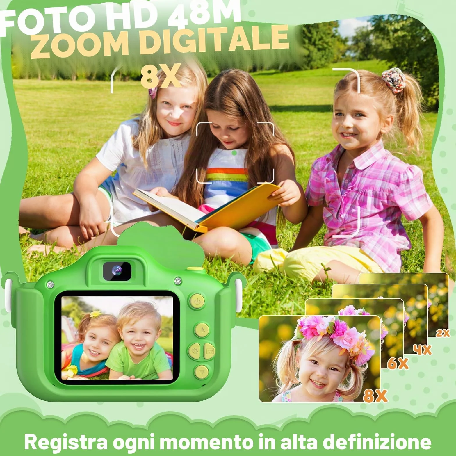 Macchina Fotografica Bambini 3-12 Anni, 48MP Digitale Fotocamera Bambini con Scheda 32 GB, Gioco Regali Natale & Compleanno per Bambino Bambina 3 4 5 6 7 8 9 10 Anni, Cappuccio di Dinosauro (Verde)