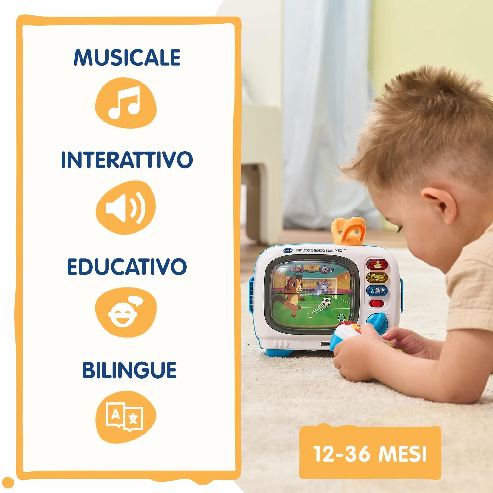 VTech La Mia Prima Smart TV, Televisione Interattiva per Bambini, Telecomando Interattivo Incluso, 10 Canali, 5 Canali Bilingue Italiano e Inglese, Spegnimento Automatico, Batterie Incluse, 12-36 Mesi