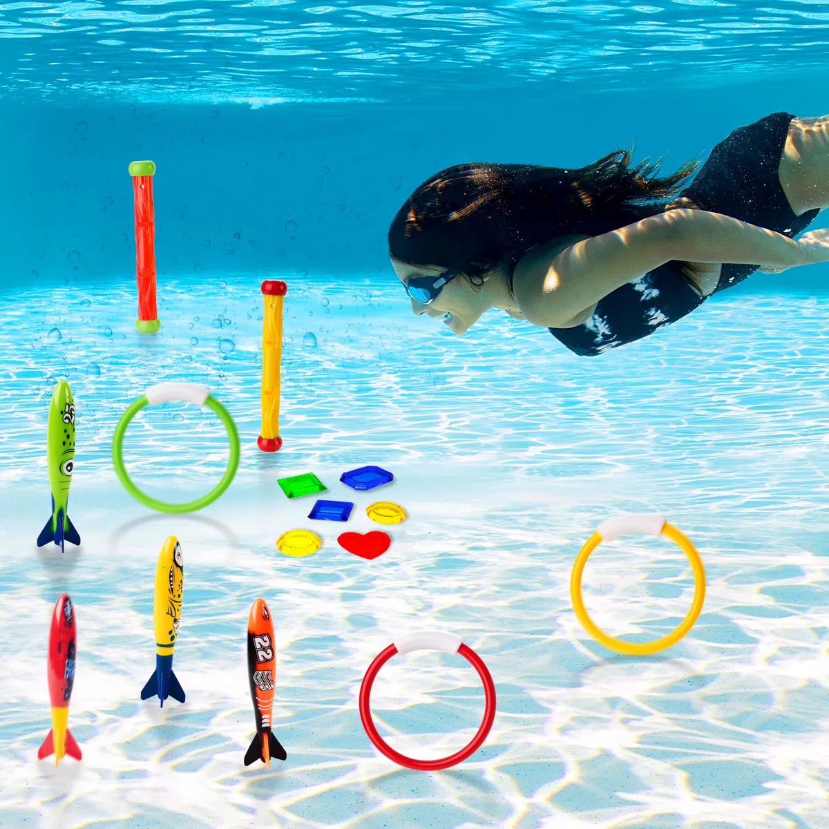 JOYIN 18 Pezzi Piscina Immersione Giocattolo Anelli di Nuoto Bastoncini da Immersione e Banditi Toypedo con Set Regalo Tesori Subacquei Giochi da Immersione Sott'Acqua