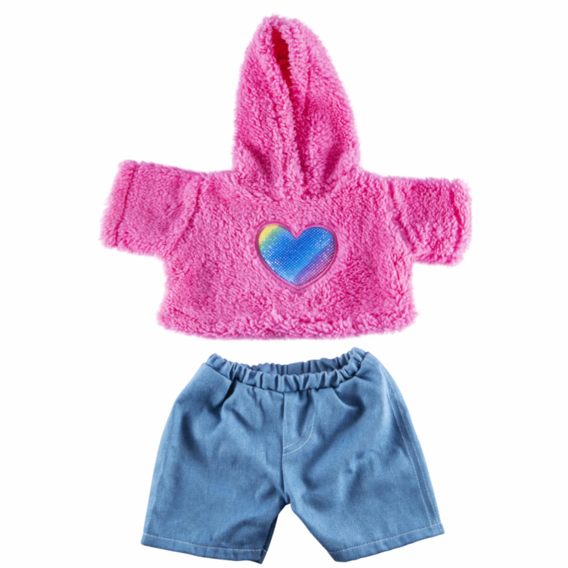 Splodge Teddy Parties - Felpa con cappuccio pelosa a forma di cuore e jeans - Vestiti Teddy Bear - Dimensioni: 40 cm per Build a Bear