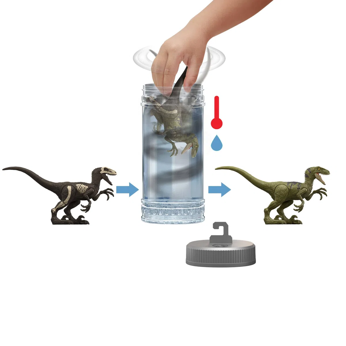 Mattel Jurassic World - Rivelazione del Dinoasuro a sorpresa, scopri il dinoasuro e immergilo in acqua calda per rivelare la decorazione completa, giocattolo per bambini, 4+ anni, JDC52