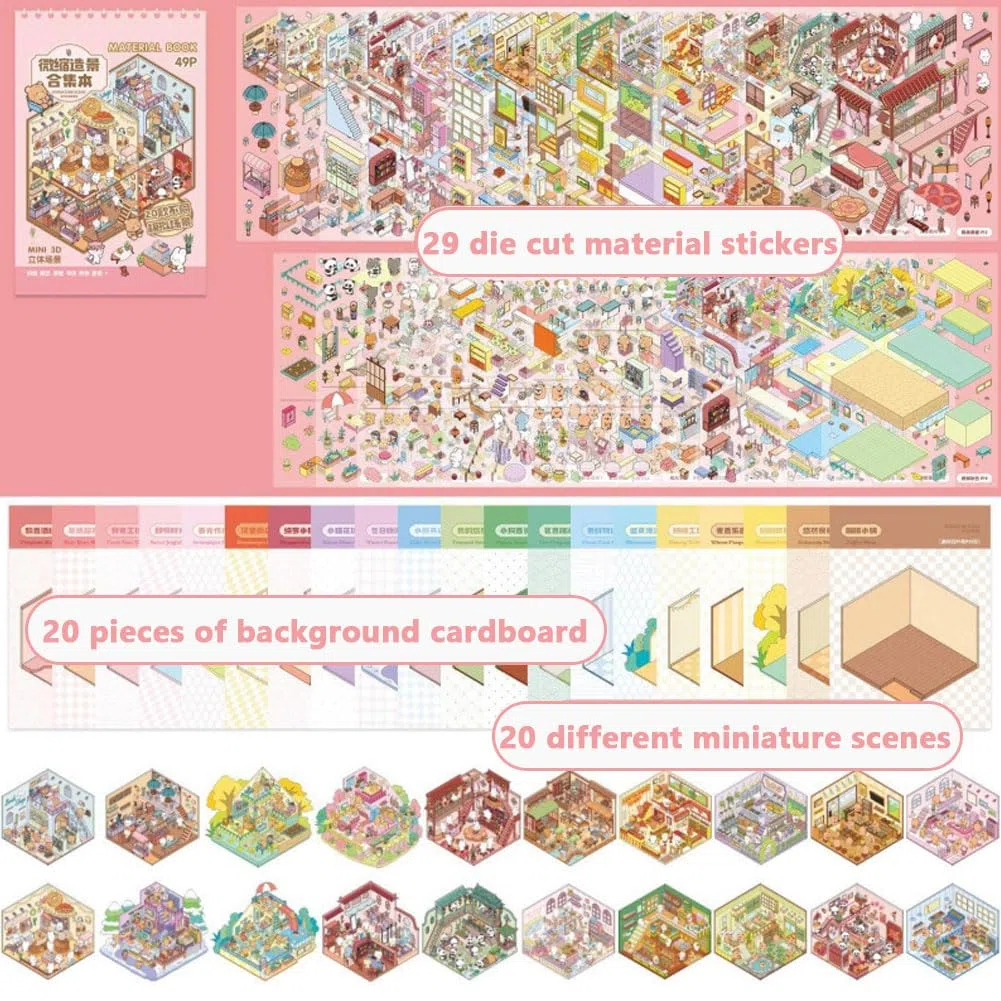 20 Set Adesivi di Scena, Adesivi 3d Adorabili Adesivi 3D Stress Sollievo Con Una Pinzetta,3D Sticker Kit di Adesivi per Casa in Miniatura per Adulti, Bambini