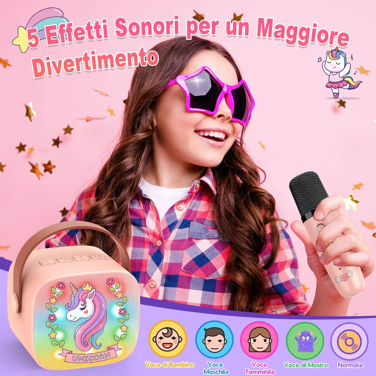 Karaoke per Bambini con 2 Microfono Wireless, Unicorno Regalo Bambina 3-12 Anni Portatile Bluetooth con DSP e Luci LED