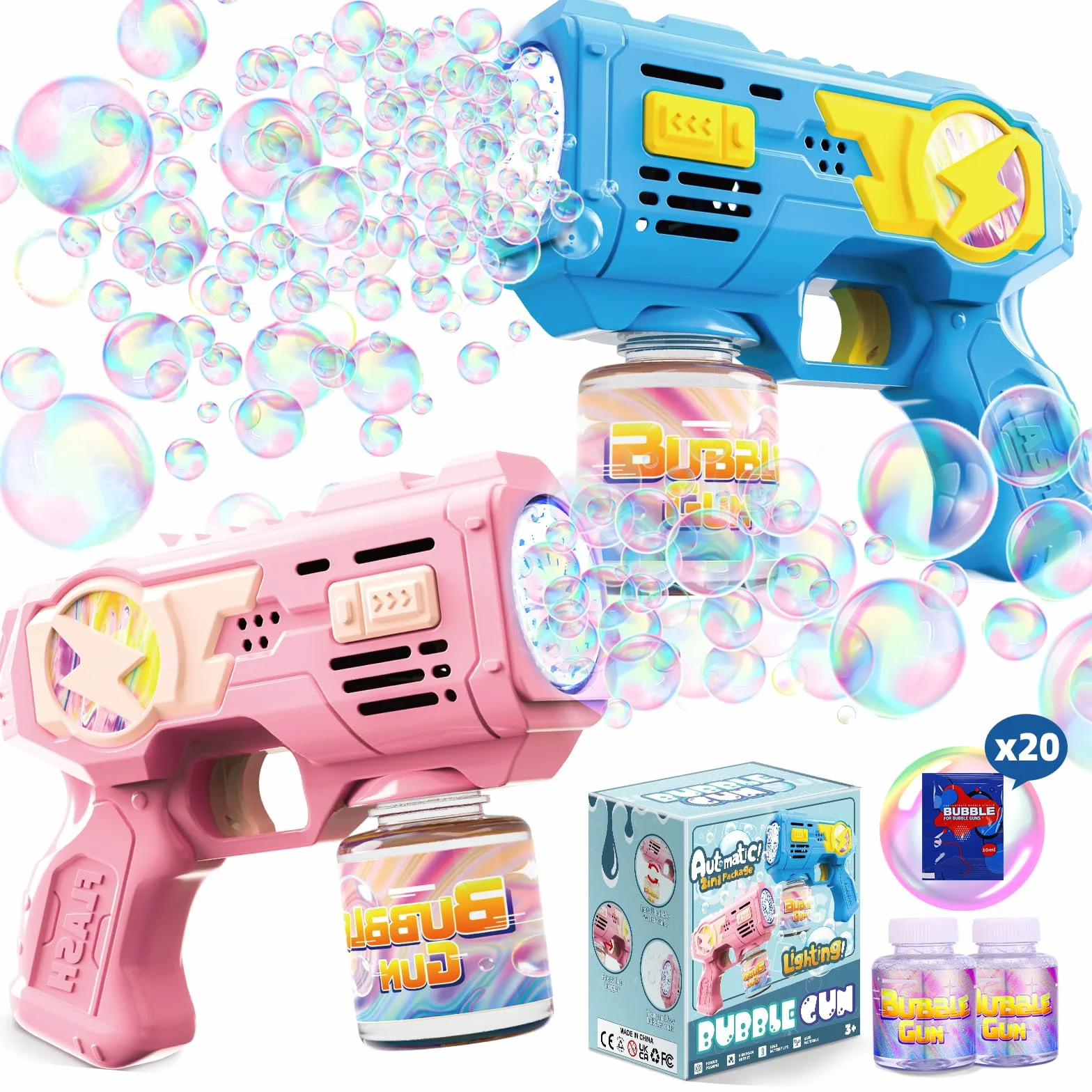 POPERFUN Sparabolle di Sapone 2 Pezzi, Spara Bolle di Sapone Automatico con Luci LED, Pistola Bolle di Sapone per Bambini di Età Superiore a 3 Anni, Feste di Compleanno, Pasqua e Giorno dei Bambini