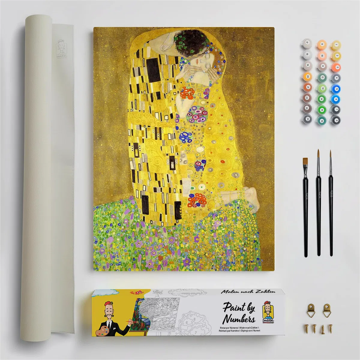 Dipingi con i numeri per adulti ispirato a Gustav Klimt - Kit di Pittura 40x50 cm con Pennelli, Colori Acrilici e Tela di Lino, Senza Cornice - Regalo Creativo (Il bacio)