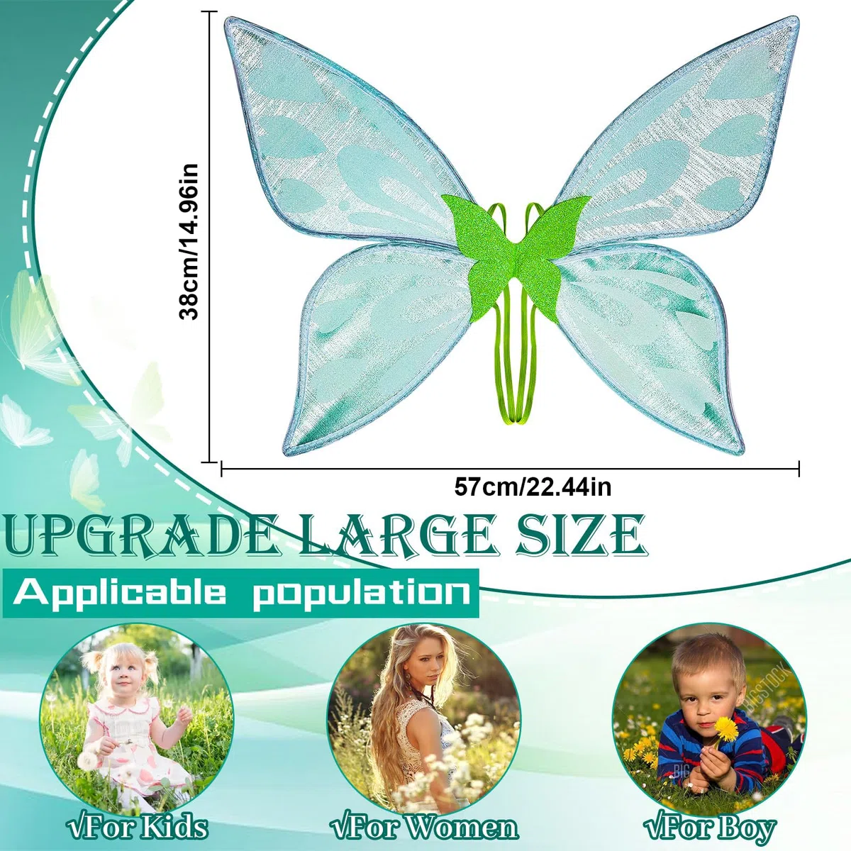 Vibbang Ali Fata Bambina, Ali di Fata Donna Principessa, Ali di Fata a Farfalla Glitter Costume Farfalla, per Compleanno Carnevale Natale Halloween, Costume di Angelo per Ragazze (Verde)