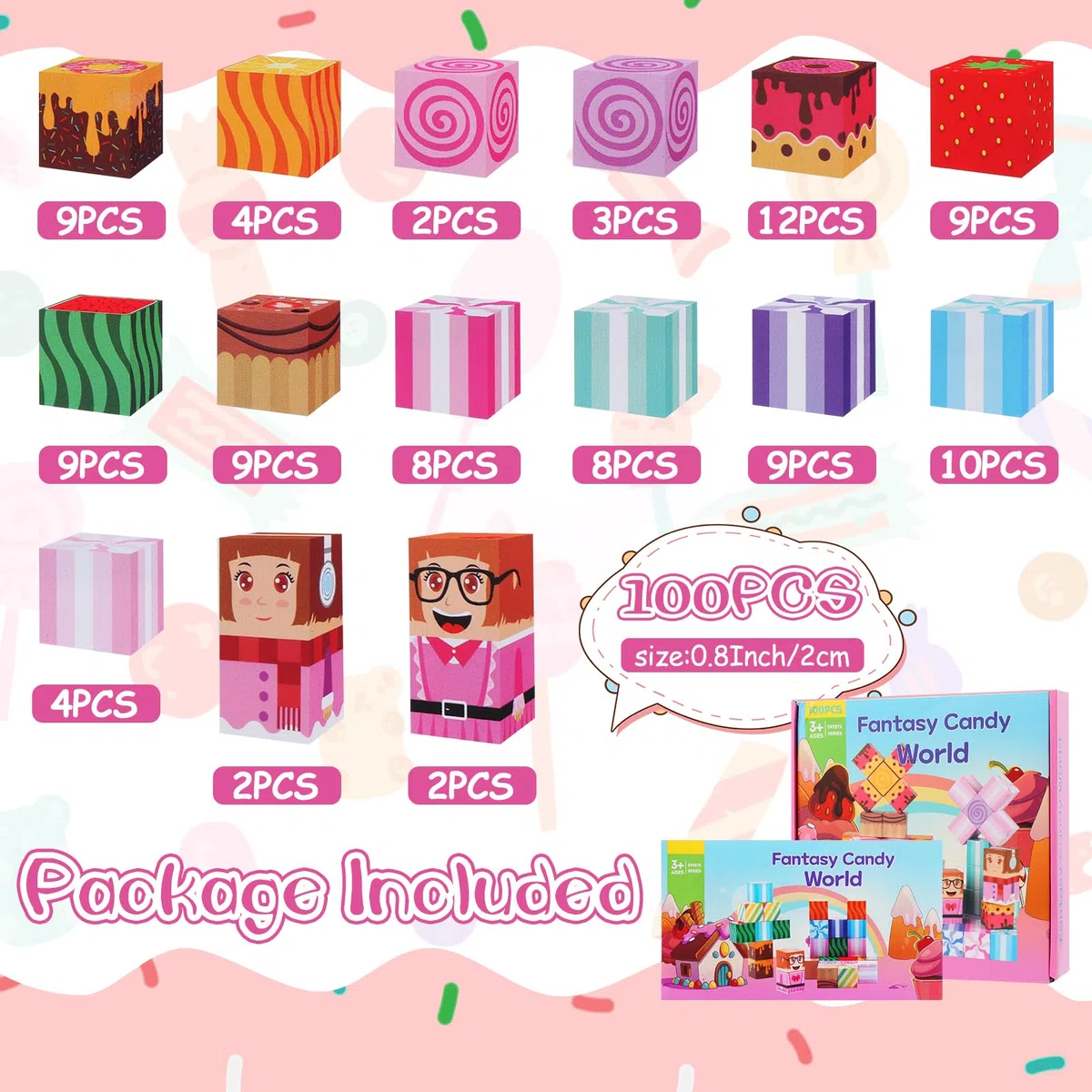 Blocchi Magnetici per Bambini - 100 Pezzi Cubi Magnetici per Bambini, Costruzioni Magnetiche per Costruire un Mondo Fantastico - Mondo Delle Caramelle, Età 3+