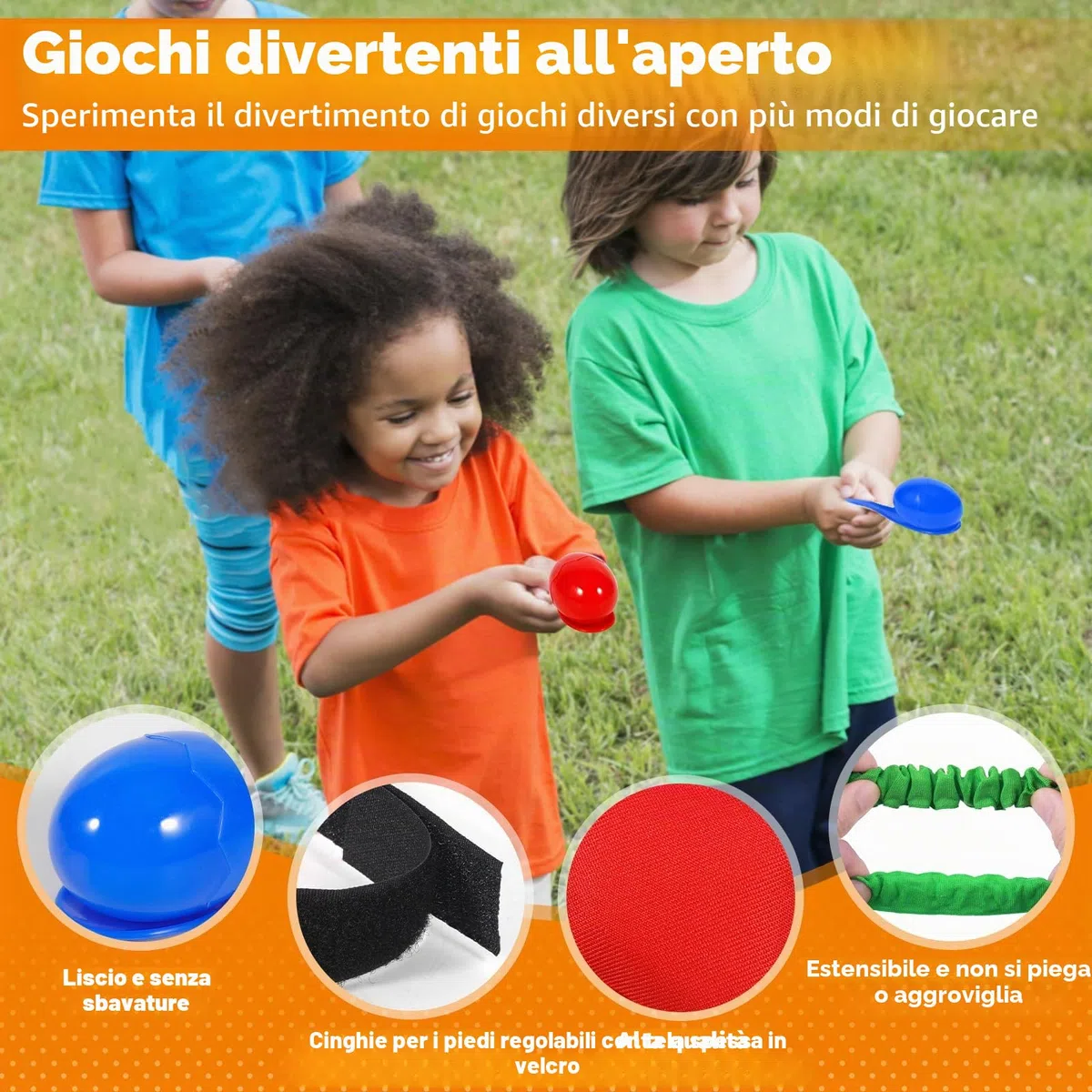 Giochi da Giardino per Bambini, 4 in 1 Giochi All'aperto per bambini, Sacchi di Sabbia, Uova e cucchiai, 3 Giochi di Corse di Gambe, Giochi da Giardino per feste di compleanno