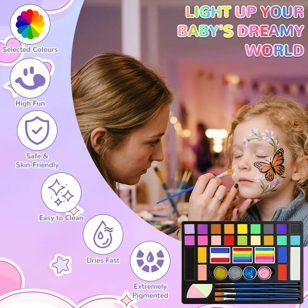 Truccabimbi Trucco per Bambini, 24 Colori Trucco Viso Bambini con 4 Pennelli, 40 Adesivo per Tatuaggi, 4 Stencil a Diamante, Body Painting per Halloween Carnevale Feste Natale