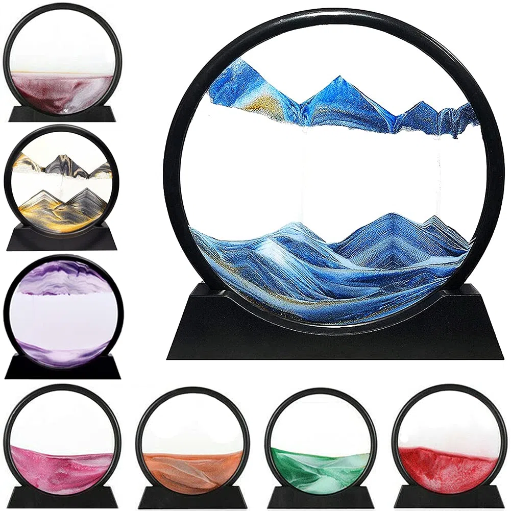 LINPING Pittura di Sabbia Che Scorre,Immagine di Arte della Sabbia in Movimento Vetro Rotondo Paesaggio di Sabbia del Mare Profondo 3D Cornice Che Scorre, Rilassante Desktop Home Office Work Decor