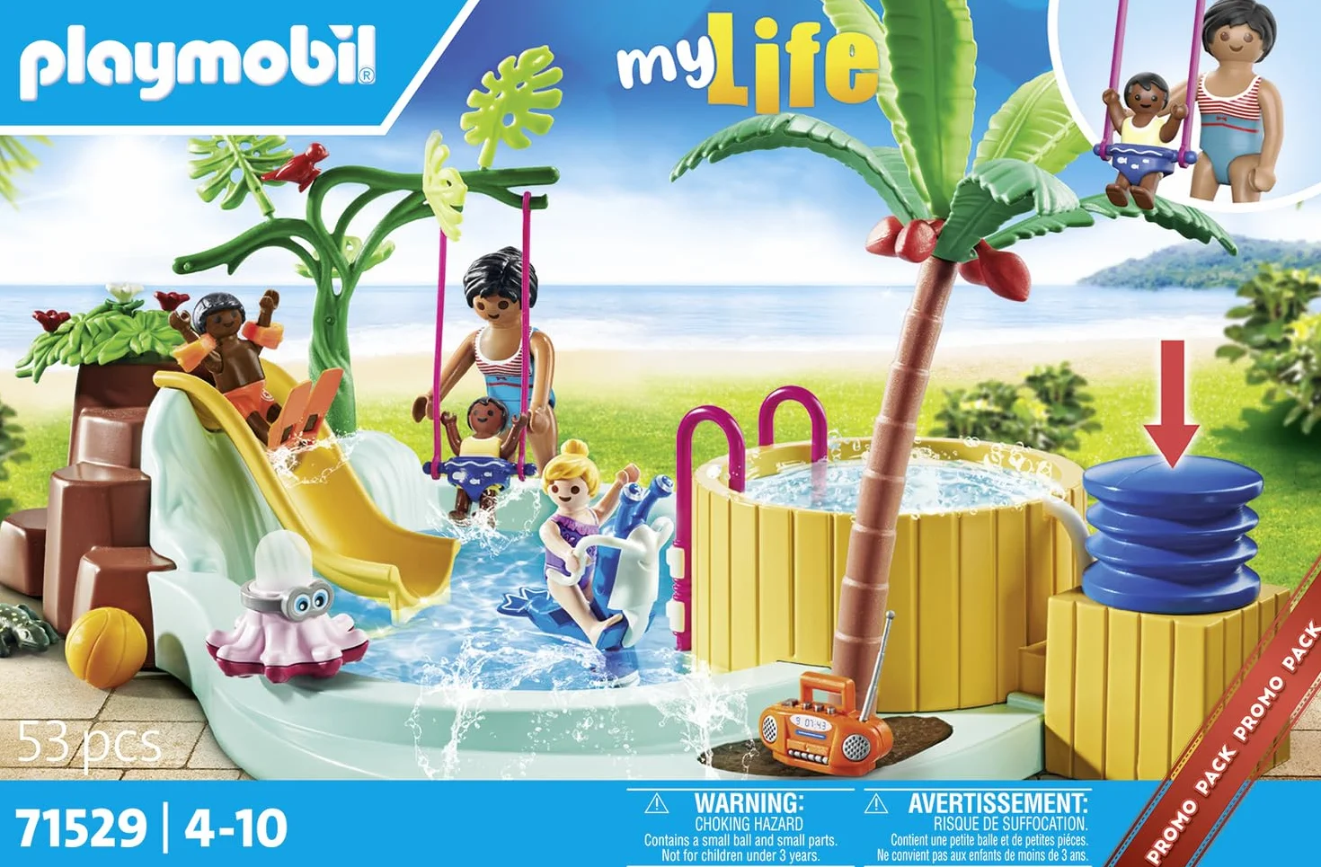 PLAYMOBIL myLife Promo Pack 71529 Piscina con Vasca idromassaggio, Divertimento Acquatico, Inclusi Scivolo a Onde, Dondolo a Molla e Altalena per Bambini, Giocattolo per Bambini dai 4 Anni in su