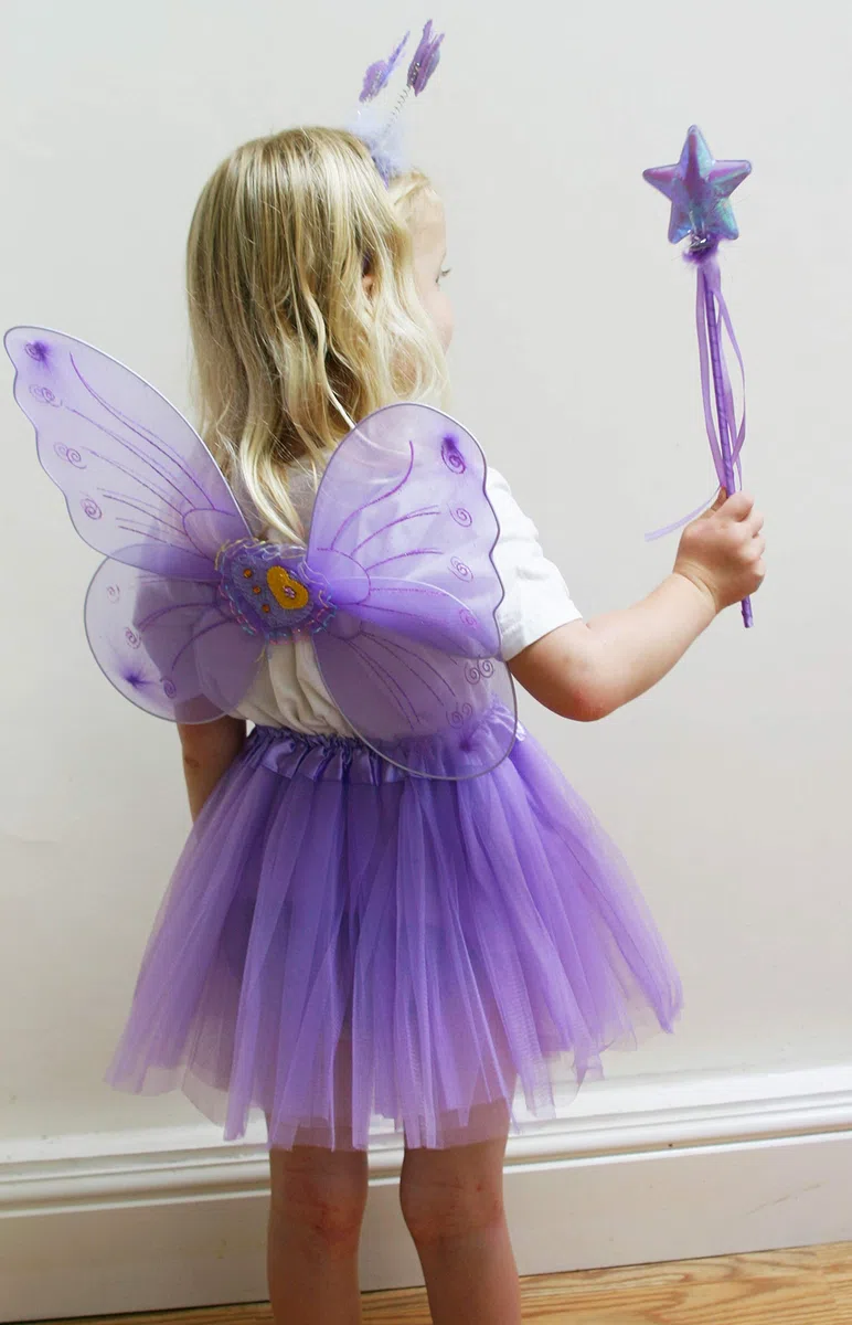 Fun Play costume da fata viola – Farfalla fata ali, tutù, bacchetta magica e fascia, per 3 – 8 anni viola