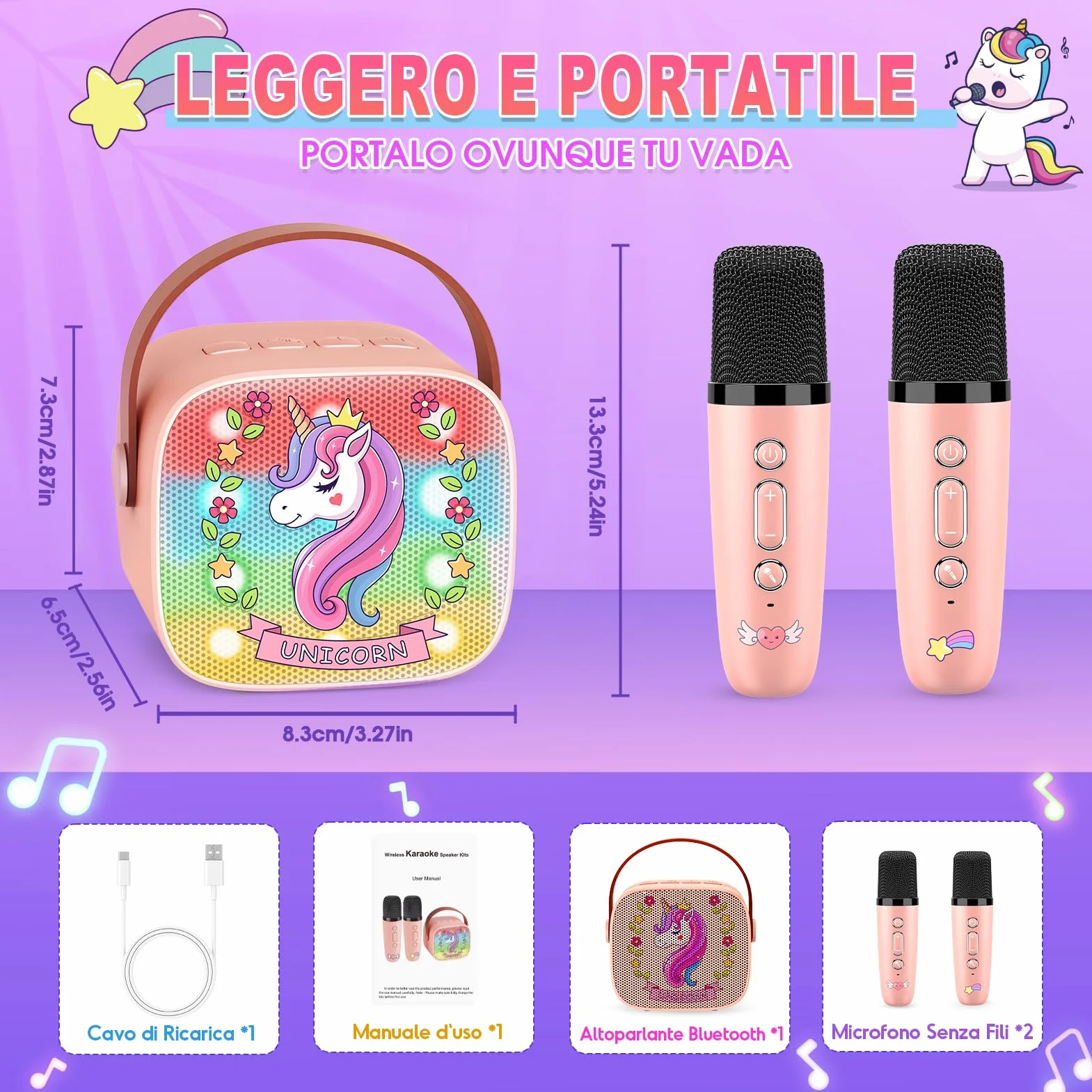 Karaoke per Bambini con 2 Microfono Wireless, Unicorno Regalo Bambina 3-12 Anni Portatile Bluetooth con DSP e Luci LED