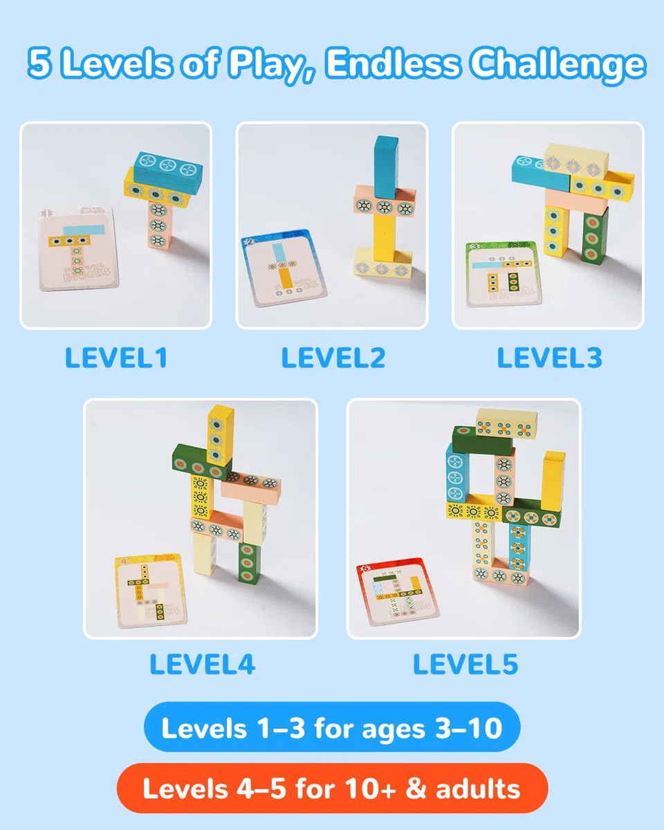 Gioco in Legno Tumble Tower per Bambini e Adulti – Gioco da Tavolo Divertente e Veloce per una Serata in Famiglia, Sfida di Abbinamento con Blocchi da Costruzione per Giochi da Festa o in Classe