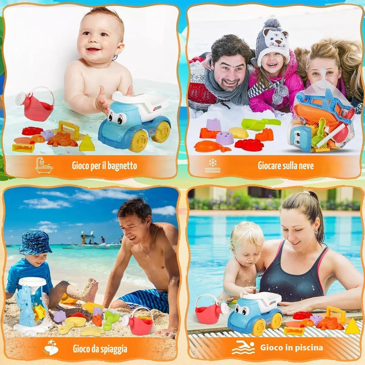 Giocattoli da Spiaggia, 30 Pezzi Spiaggia di Sabbia Giocattoli con Borsa a Rete, Secchiello, Secchiello Spiaggia, Acqua Ruota, Stampi, Giochi Spiaggia Bambini per attività All'aperto Bambini