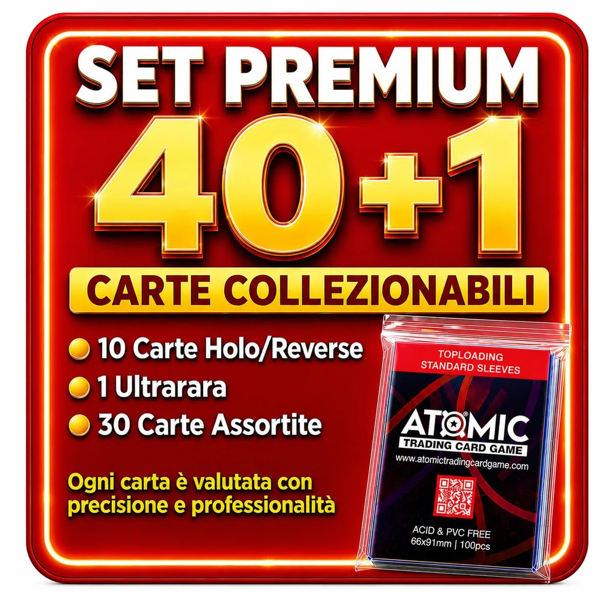 Set Premium - 40 Carte Pok Originali Italiane - Senza Doppioni - Include almeno 10 carte luccicanti (Rare/Olo/Reverse) + 1 Ultra Rara in Regalo 100 Bustine protettive Atomic