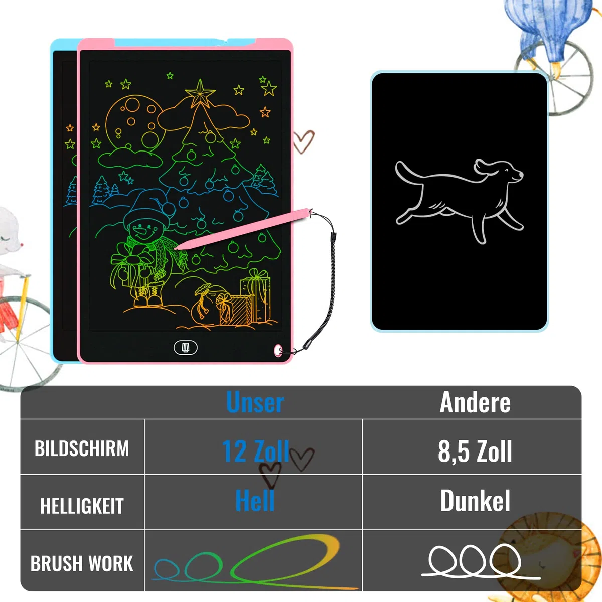 3 lavagne LCD da scrivania per bambini da 12 pollici, lavagnetta da pittura riutilizzabile, per bambini con pulsante di cancellazione, giocattoli per ufficio, scuola, casa (rosa + blu +
