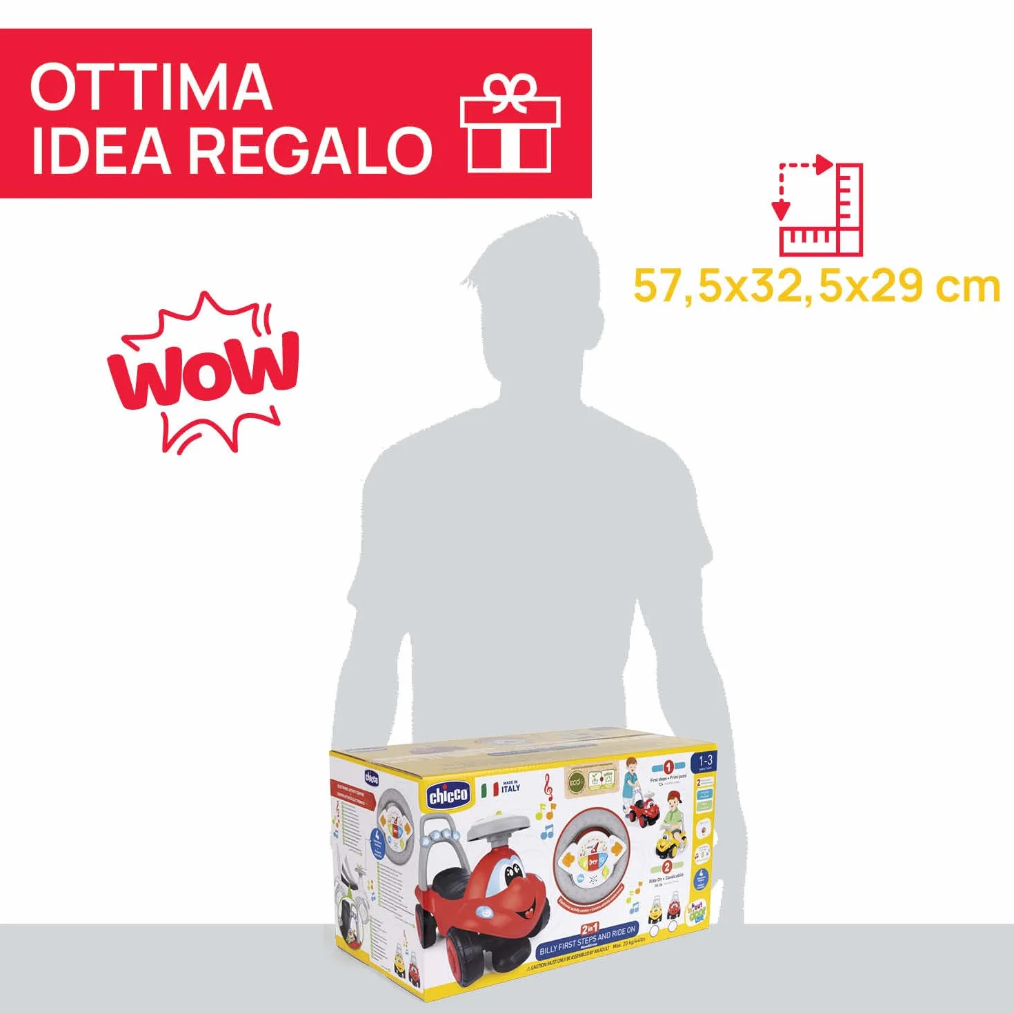 Chicco Billy Walk&Ride Eco+, Primi Passi, Girello e Cavalcabile, Assemblaggio Semplice, Manubrio Ergonomico, Ruote Larghe, Con Suoni e Luci di Guida, in Plastica Riciclata, Bambini 12-36 Mesi, Rosso