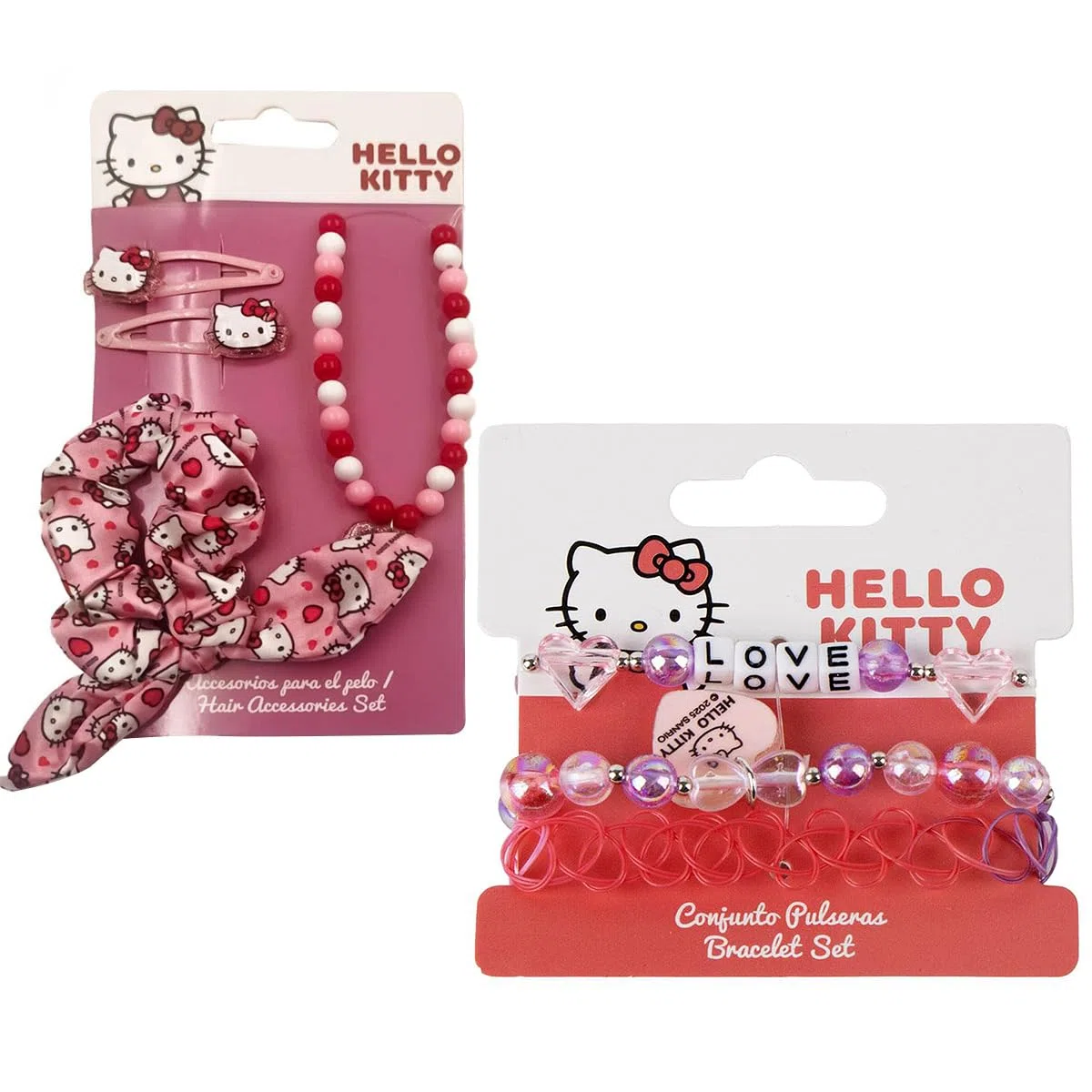 Hello Kitty - Set di gioielli e accessori per capelli da ragazza, 2 bracciali, collane con perle, tiranti e pinze, set moda per bambini, idea regalo per ragazza Hello Kitty