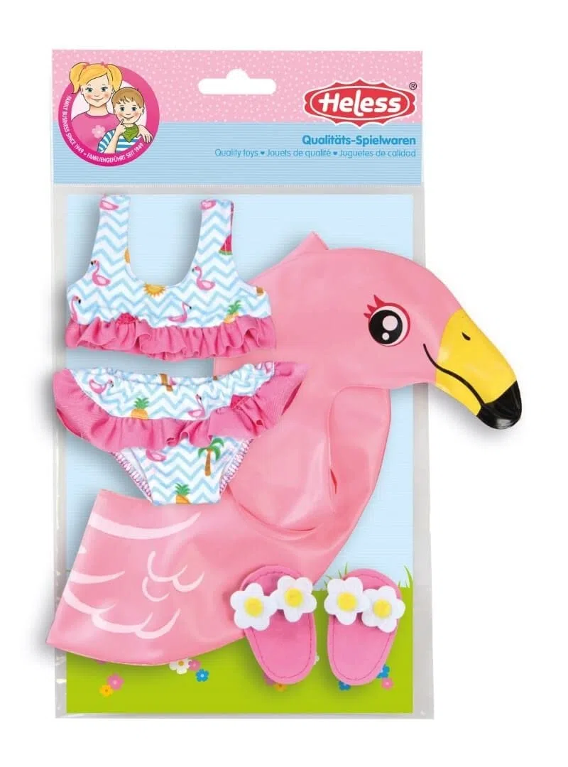 Heless 99 - Set da Nuoto per Bambole, 3 Pezzi, Fenicottero Ella, Bikini, Infradito e Anello Galleggiante, Misura 35-45 cm, per Divertimento nelle Calde giornate estive