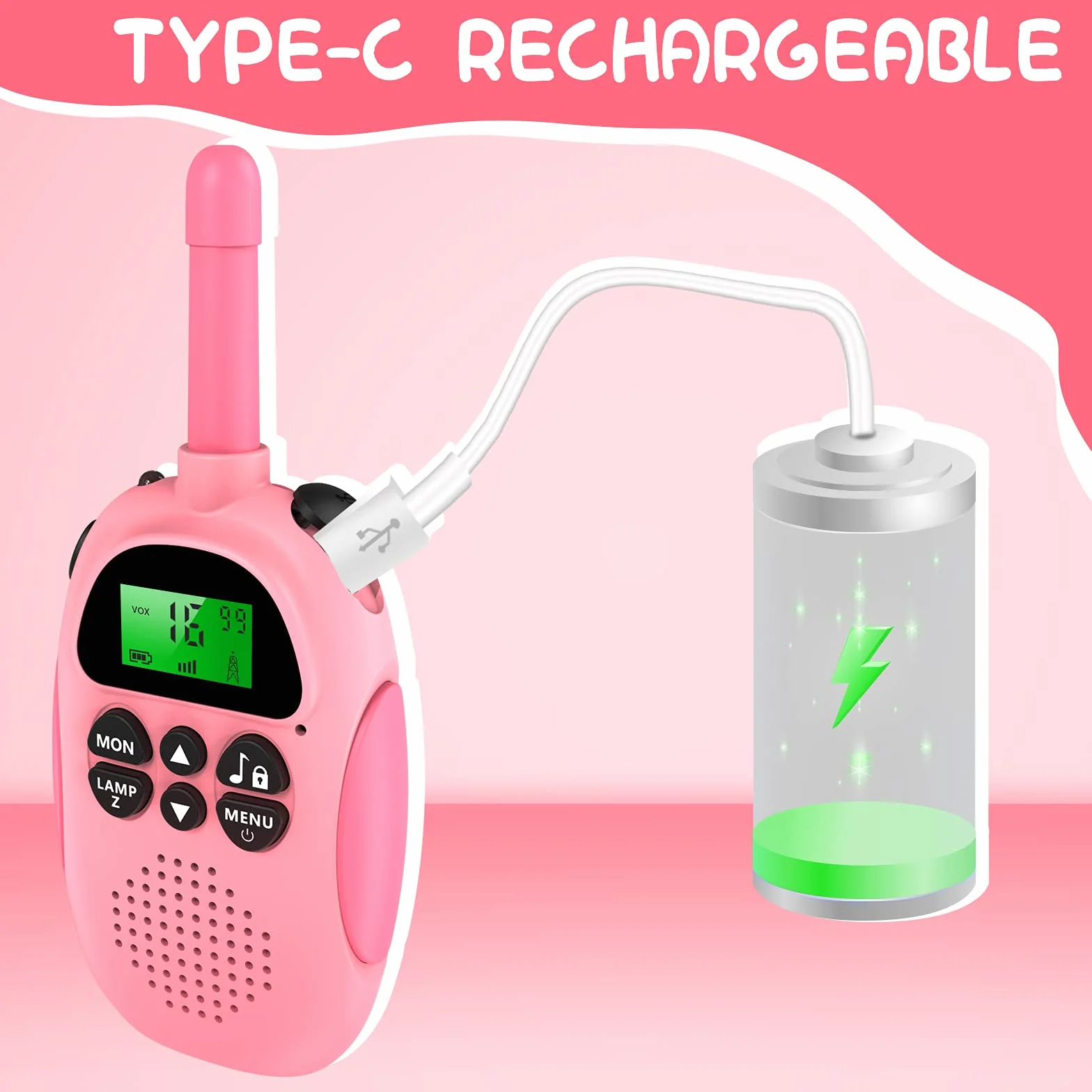 Ushining Walkie Talkie Bambini, 16 Canali Radio Giocattolo a 2 Vie con Torcia LCD Retroilluminata VOX Walkie Talkie Ricaricabile a Lungo Raggio, Regalo per Ragazze e Ragazzi di 3-12 Ann (Blu e Rosa)