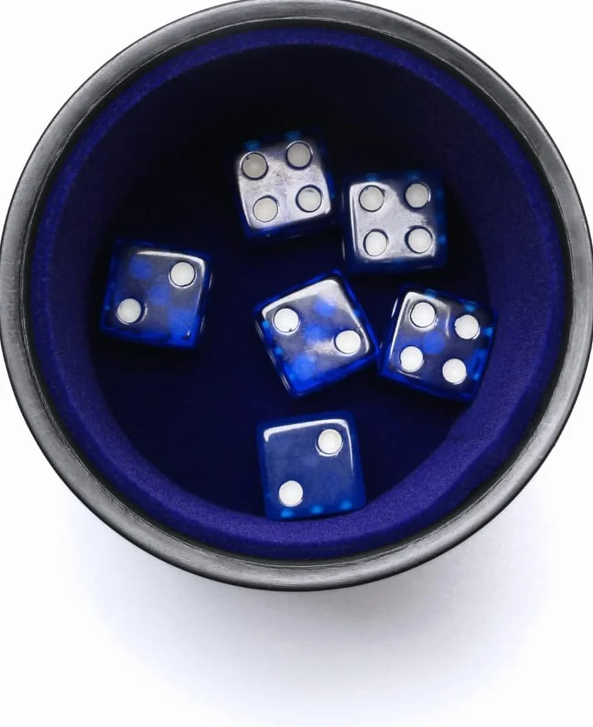 Coppa per dadi in pelle PU con coperchio, interno in velluto blu, silenzioso, include 6 dadi traslucidi blu per dadi bugiardi/farkle/giochi Yahtzee
