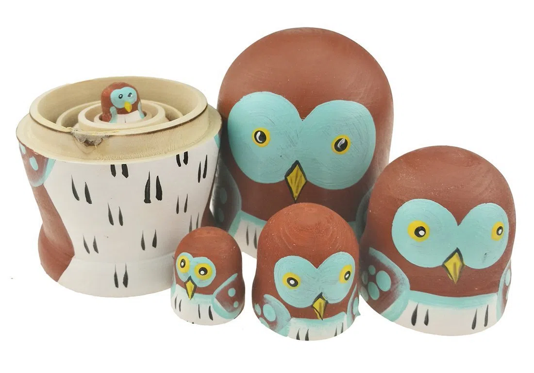 Set di 5 adorabili bambole a forma di gufo, giocattolo impilabile in legno, fatto a mano, per bambini, novità per feste a forma di animale e regali ornamentali