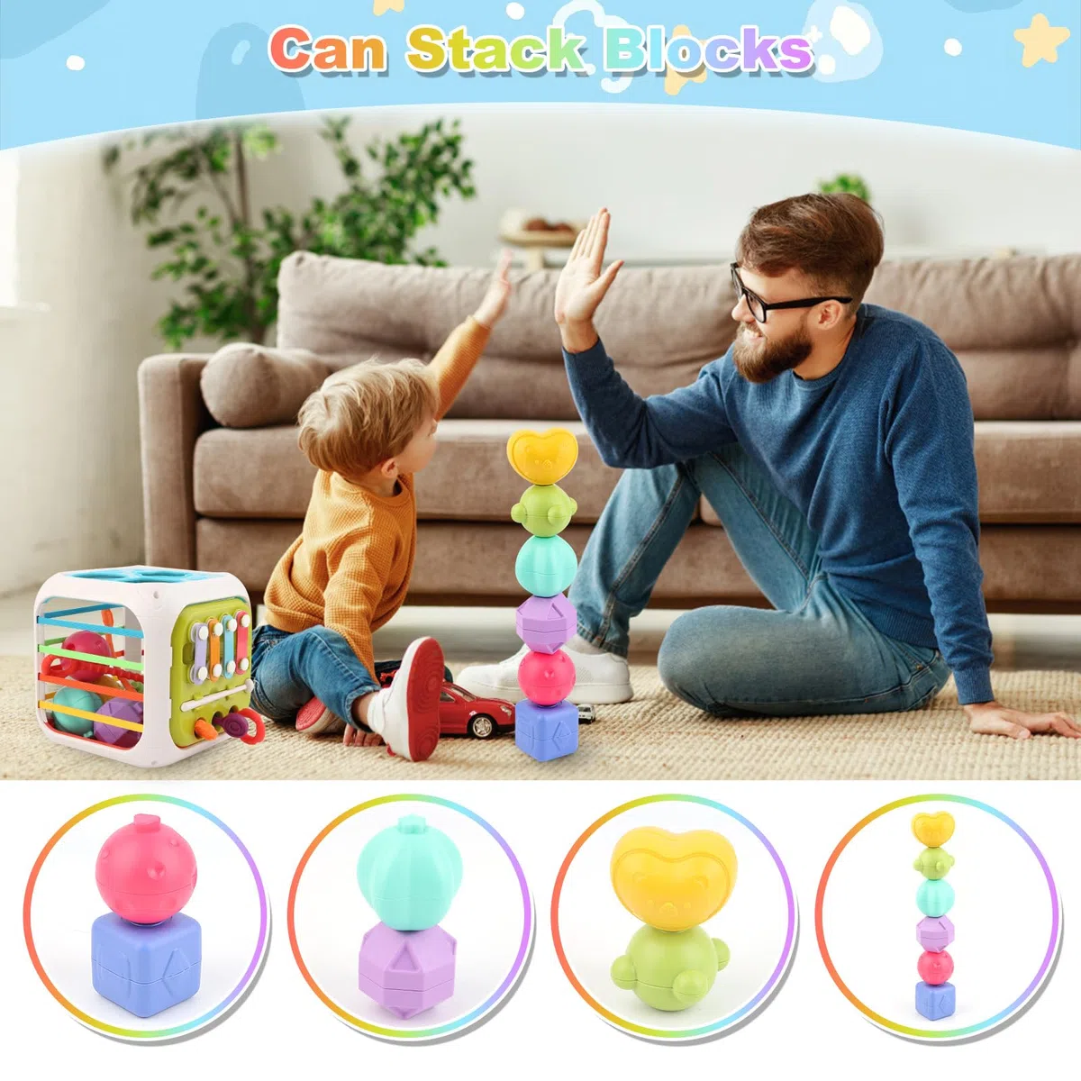 MXTIMWAN Giochi Bambini 1 2 Anno, 7 in 1 Giochi Montessori per Bambini 1 2 3 Anno, Montessori Sensoriali Giocattoli di Impilabile Smistamento Cubo Montessori Multiattivita