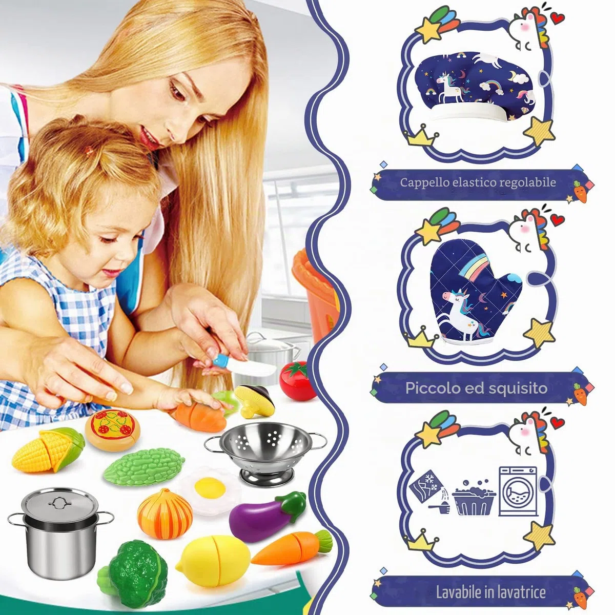 30 Pezzi Giocattoli da Cucina per Bambini, Set di Pentole e Padelle in Acciaio Inossidabile, Utensili da Cucina, Grembiule e Cappello da Cuoco