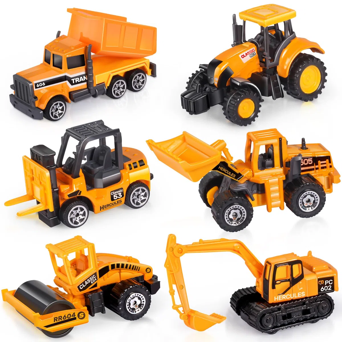 Oriate Veicoli da cantiere, set da 6 pezzi, bulldozer, carrello elevatore, escavatore e altre auto giocattolo educative per interni ed esterni, mini modelli di auto, regalo per la festa dei bambini