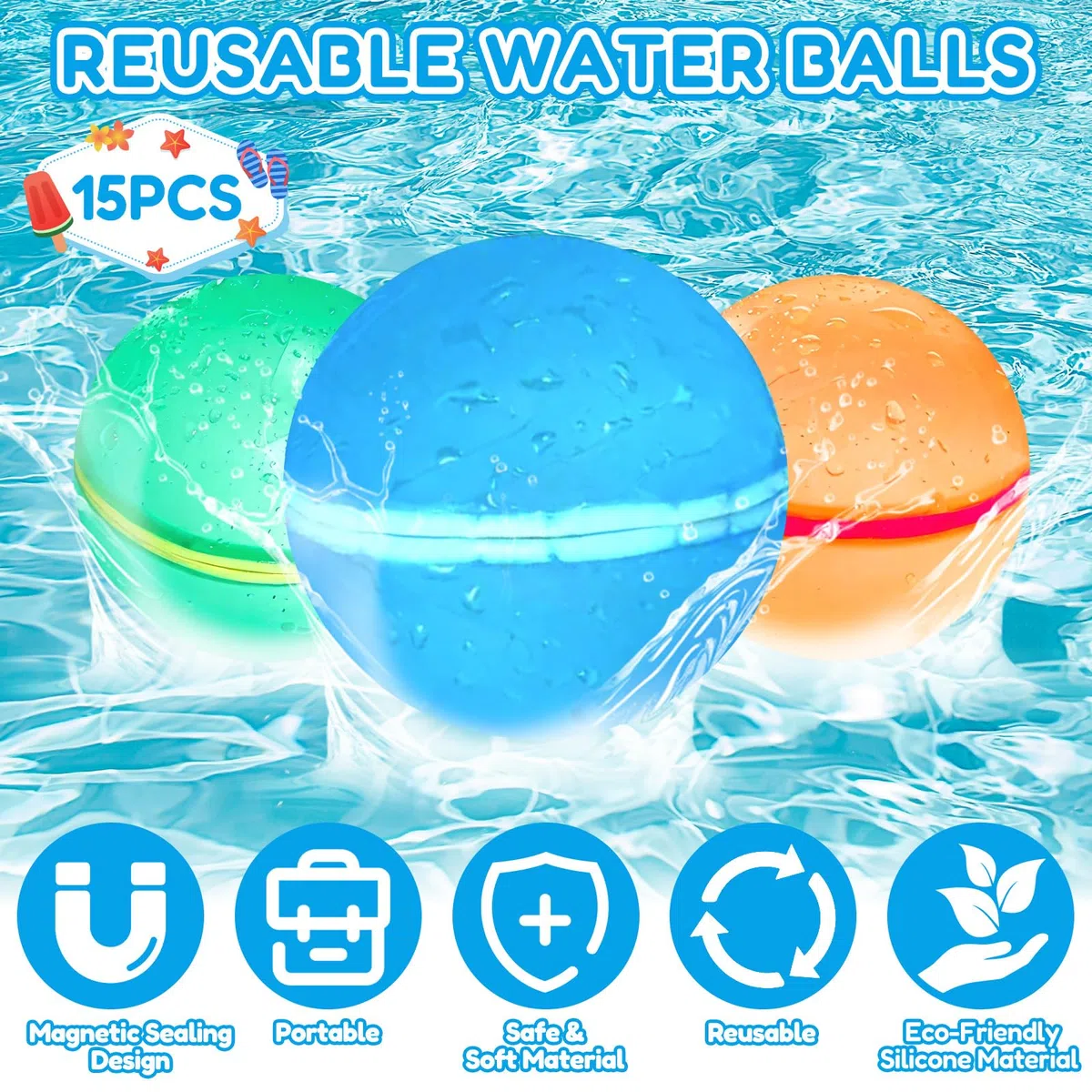 Palloncini Acqua Riutilizzabili 15 Pezzi in 5 Colori, Gavettoni Magnetici Autosigillanti in Silicone con Sacchetto a Rete, Giochi Acqua Bambini per Piscina e Spiaggia
