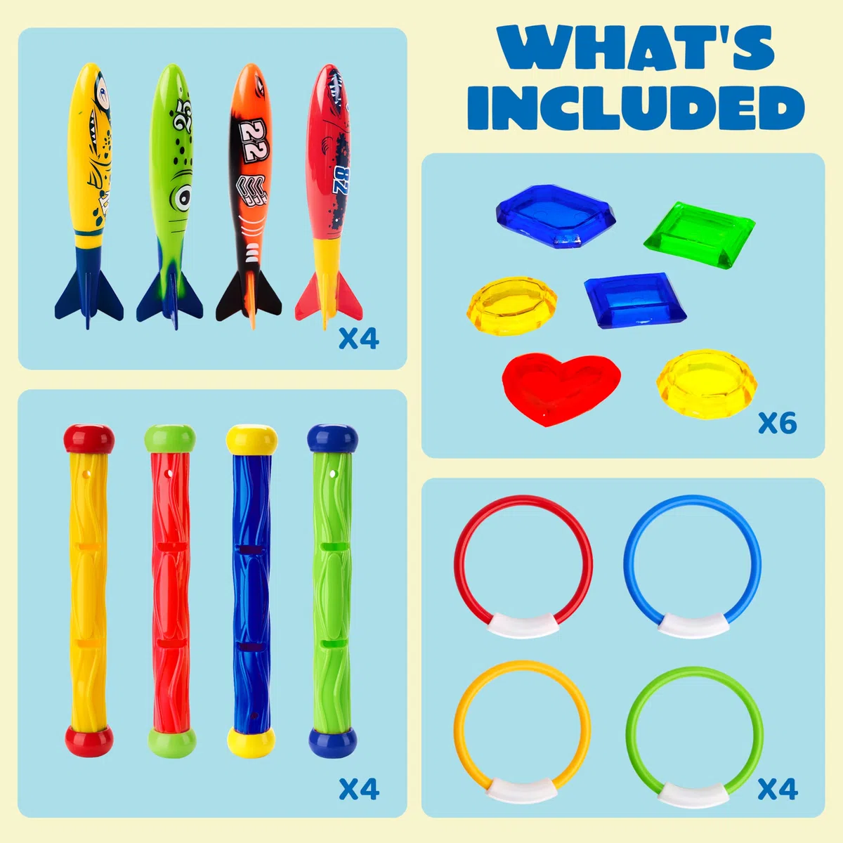 JOYIN 18 Pezzi Piscina Immersione Giocattolo Anelli di Nuoto Bastoncini da Immersione e Banditi Toypedo con Set Regalo Tesori Subacquei Giochi da Immersione Sott'Acqua