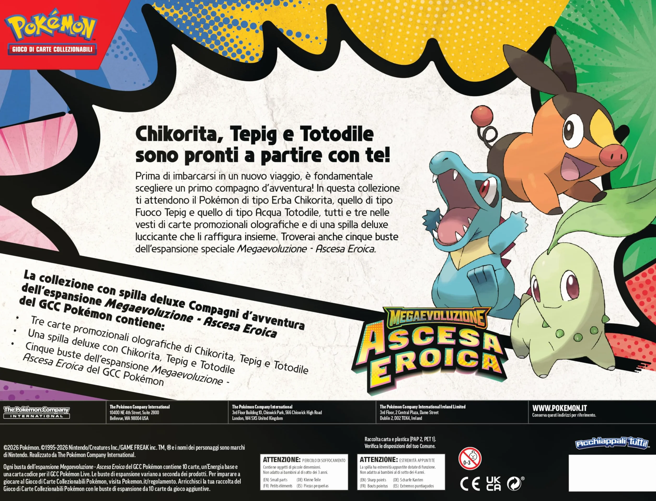 Pokémon: collezione con spilla deluxe Compagni d’avventura dell’espansione Megaevoluzione - Ascesa Eroica del GCC Pokémon (3 carte promozionali olografiche, 1 spilla deluxe e 5 buste di espansione)