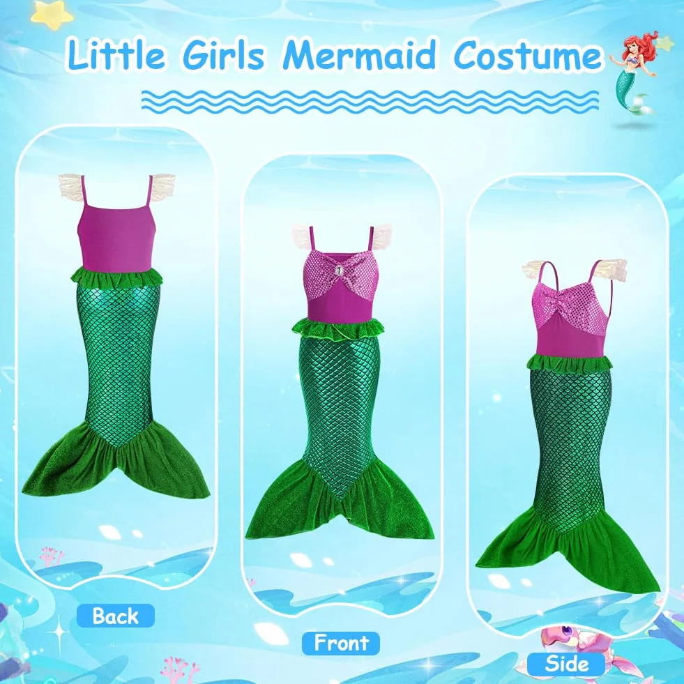 AOOWU Costume da Sirenetta Bambina, Vestito con Parrucca, Ariel Bambine Sirena con 5 Pezzi Accessori, Costumi Cosplay per Halloween, Natale, Compleanno