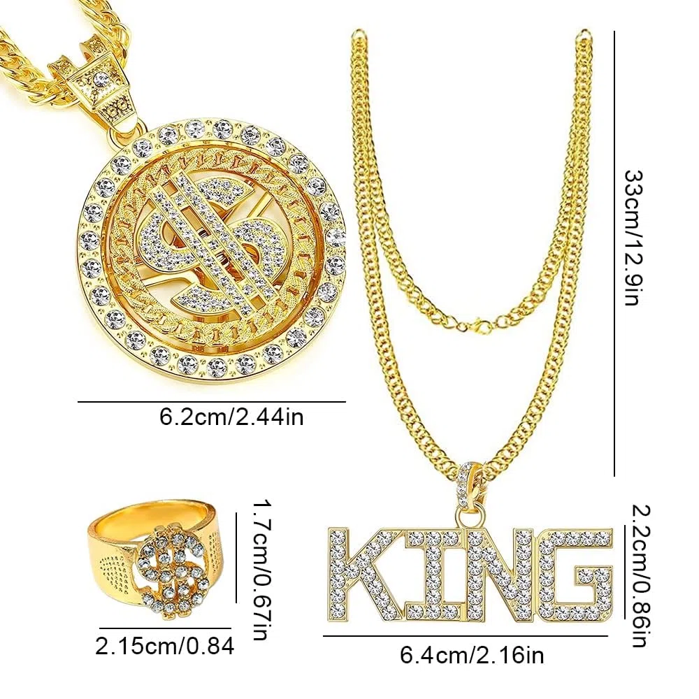 Set Accessori Rapper Costume Hip Hop Collana e Anello con Segno del Dollaro Catena d'oro Finta King Sign hip hop per Feste Anni '80 '90 Accessori per Rapper Decorazioni a Tema Mafia