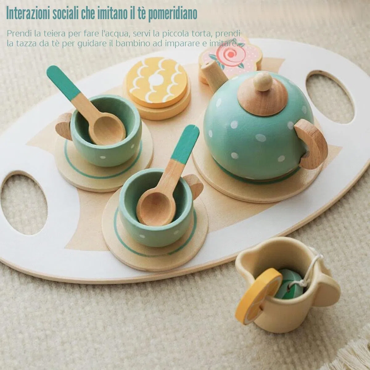 Set da Tè in Legno per Bambini - 14pcs Accessori Cucina Giocattolo con Accessori - Set da tè Pomeridiano, Servizio da tè di Ruolo, Regalo per Feste, Regali di Compleanno