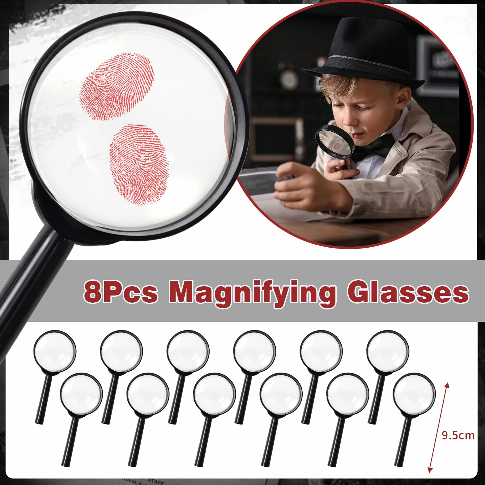 Detective Gadget Compleanno Bambini con Penna invisibile e Taccuino, Carte D'identità Detective, Lente D'Ingrandimento,Tamponi per Impronte Digitali, Kit Spionaggio Gioco Detective per Bambini