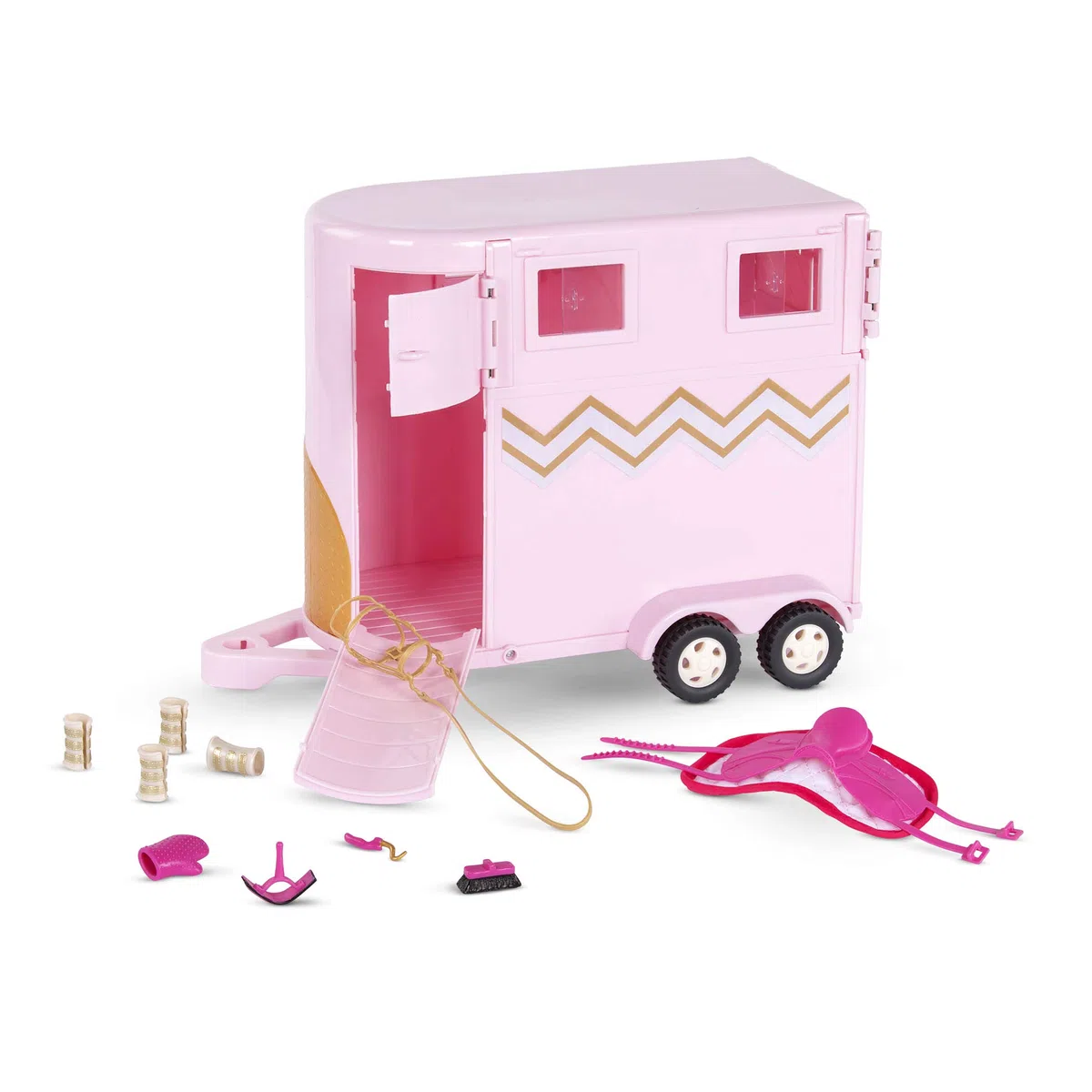 Lori - Zoccolando - Rosa - Rimorchio per Cavalli - Set da Gioco per Cavalli e Mini Bambole da 6 Pollici - Selle, briglie, spazzole e Altro Ancora - 3 Anni +