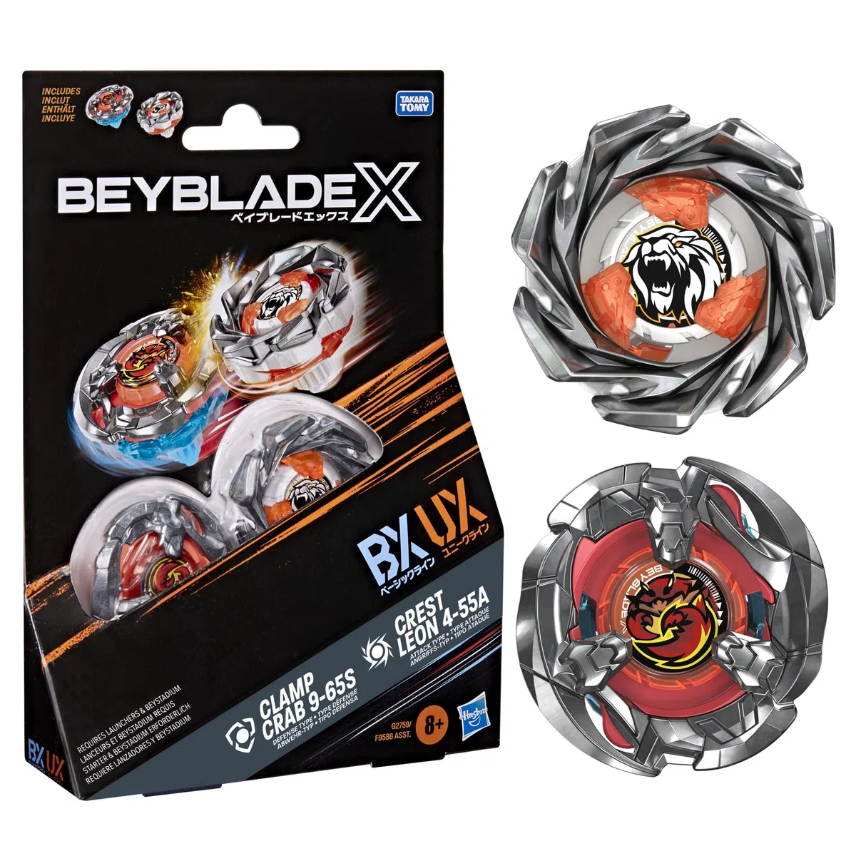 Beyblade X, Clamp Crab 9-65S BX e Crest Leon 4-55A UX, set Dual Pack con 2 trottole con rotazione a destra di Takara Tomy, trottole da battaglia giocattolo, dagli 8 anni in su