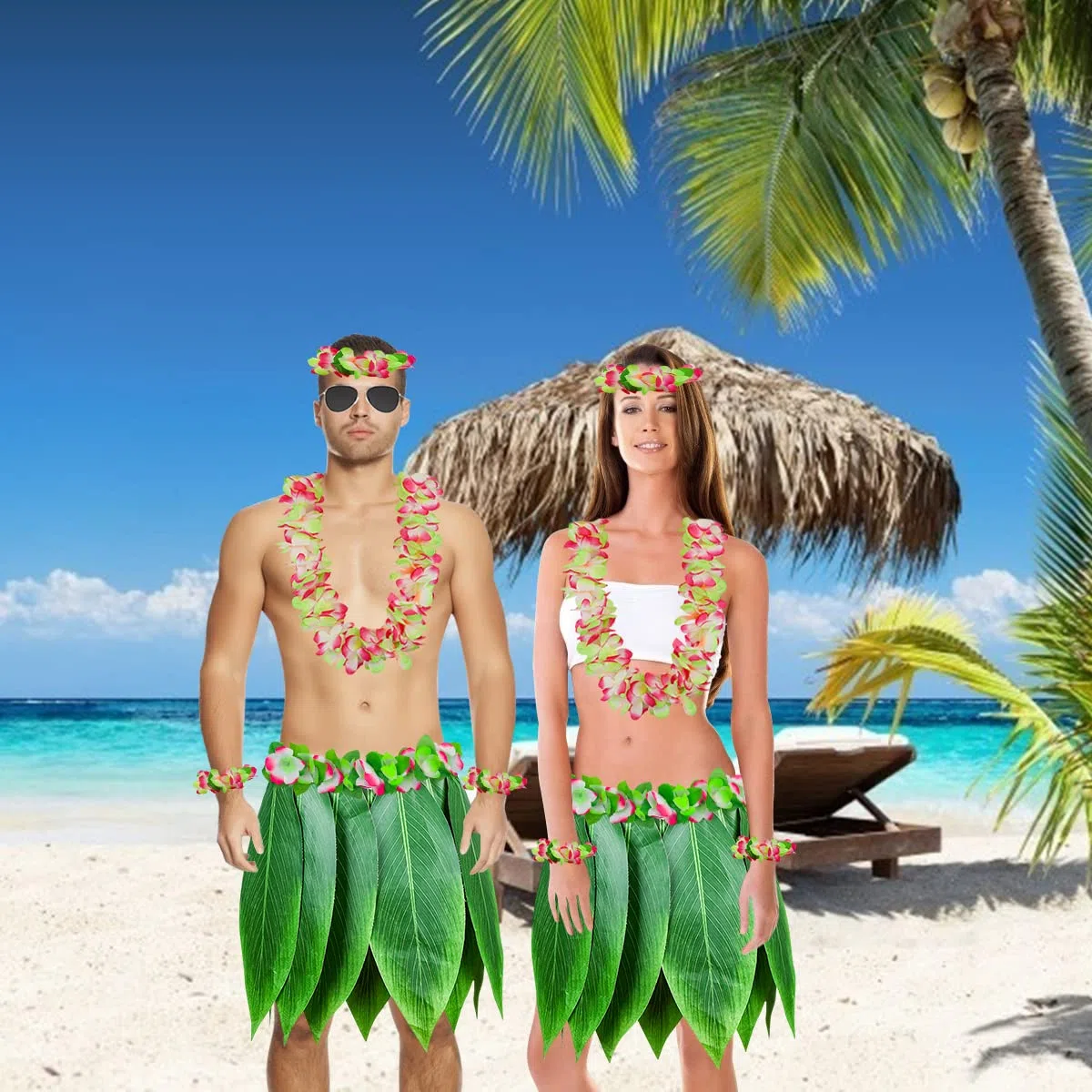 Gonna Hula a Foglie con Leis Hawaiani Gonna in Erba e Fiori di Ibisco Artificiali Costume per Feste Hawaiane Luau Tiki da Spiaggia (Colore 8)