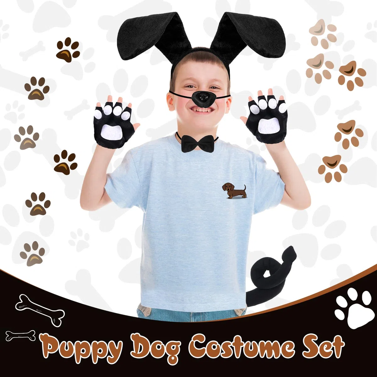 Costumi per Cagnolino per Adulti e Bambini, Fascia con Orecchie Cane Naso Finto Coda Guanti Papillon,Bassotto Costume Halloween Carnevale